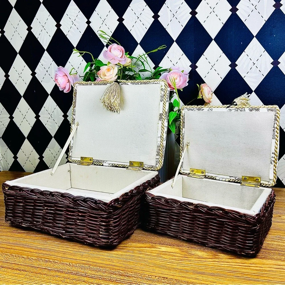 French‎ Country Toile Boxes Wicker Lined Tassel Pair Vintage Luxury